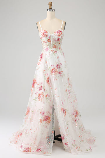 Avorio Fiore Ricamato Corsetto Lungo Abito da ballo con Fessura